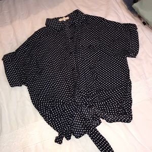 navy polka dot front tie button down